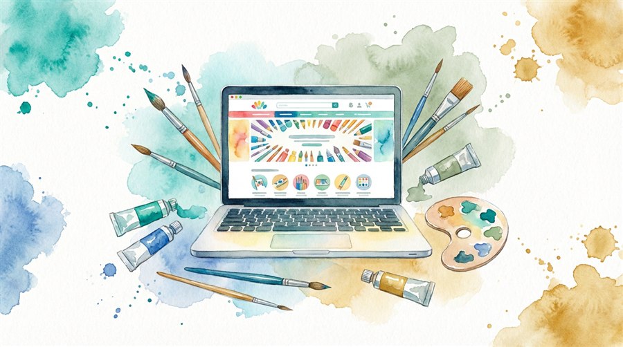 Laptop cu site Top Art și materiale de pictură – acuarelă